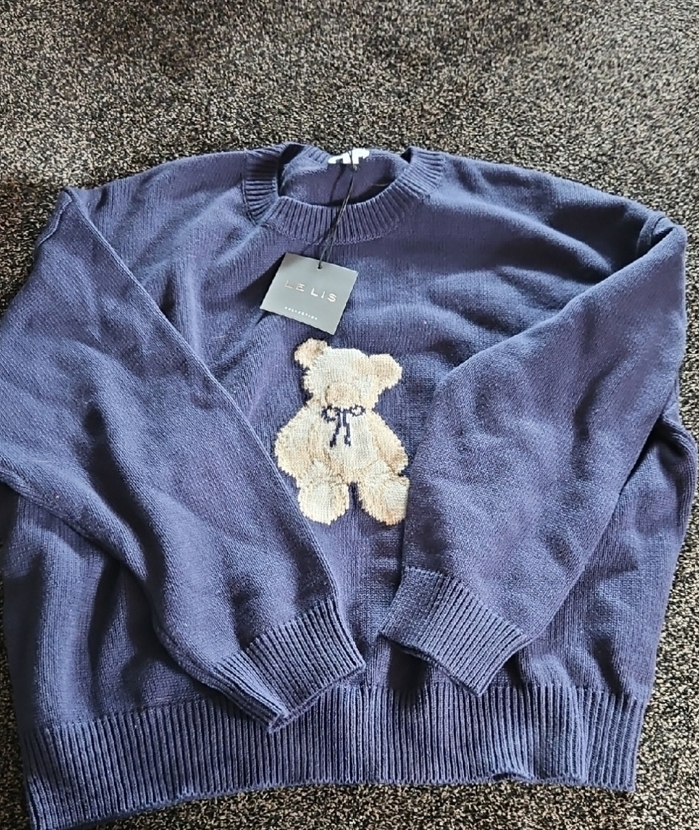 Le Lis Navy Knit Sweater with Beige Teddy Applique